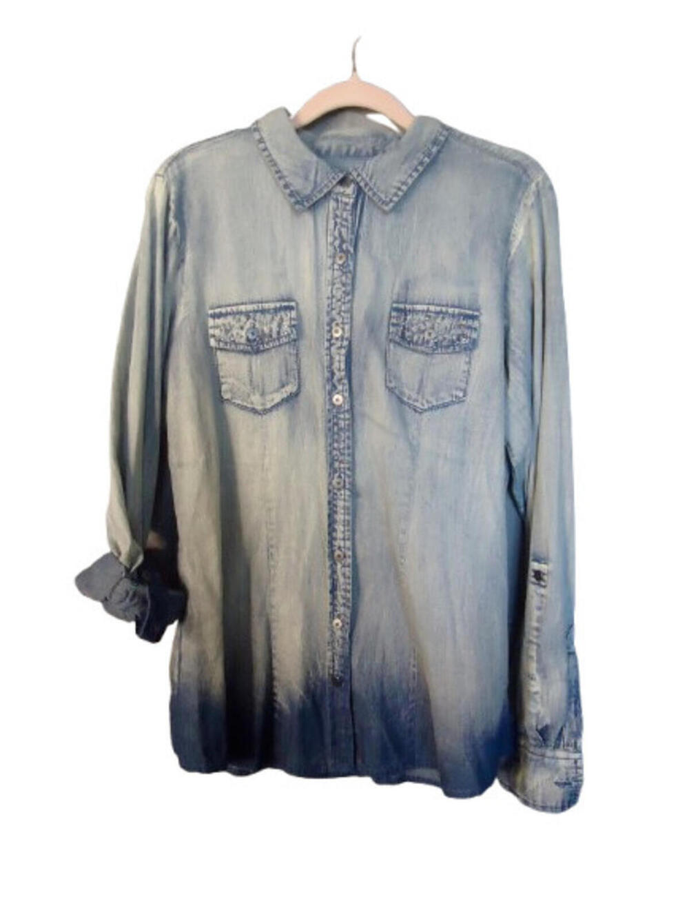 Maurices Premium Long Sleeve Button Up Denim Shirt Large Embellished Pockets